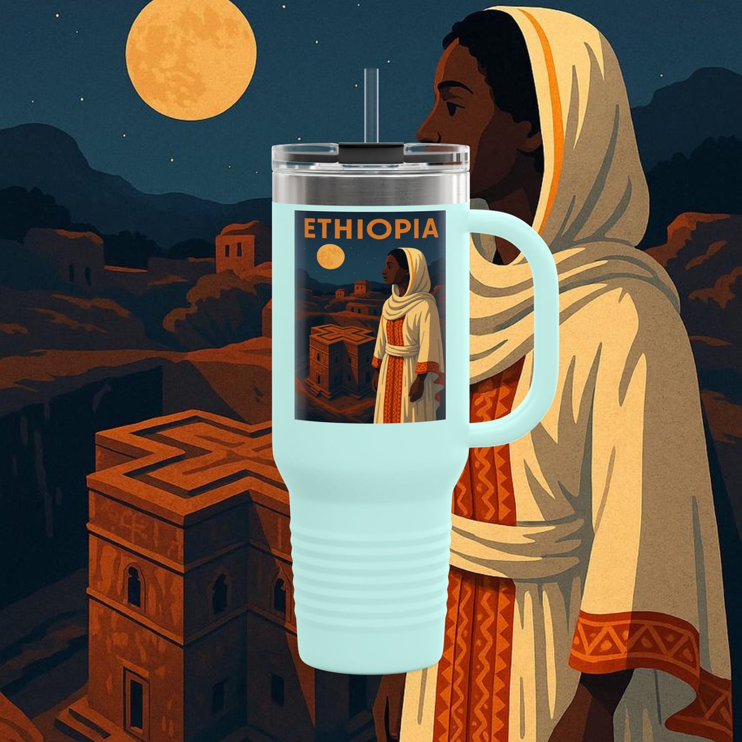 "Ethiopia Insulated Travel Mug – Sacred Land and Ancestral Soul"