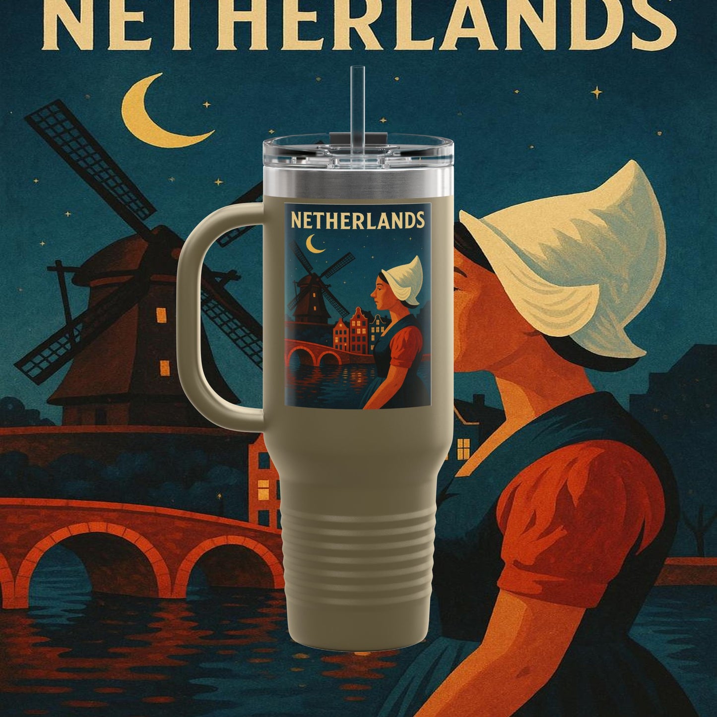 "Netherlands Insulated Travel Mug✨ – Land of tulips, windmills, and magical canals"
