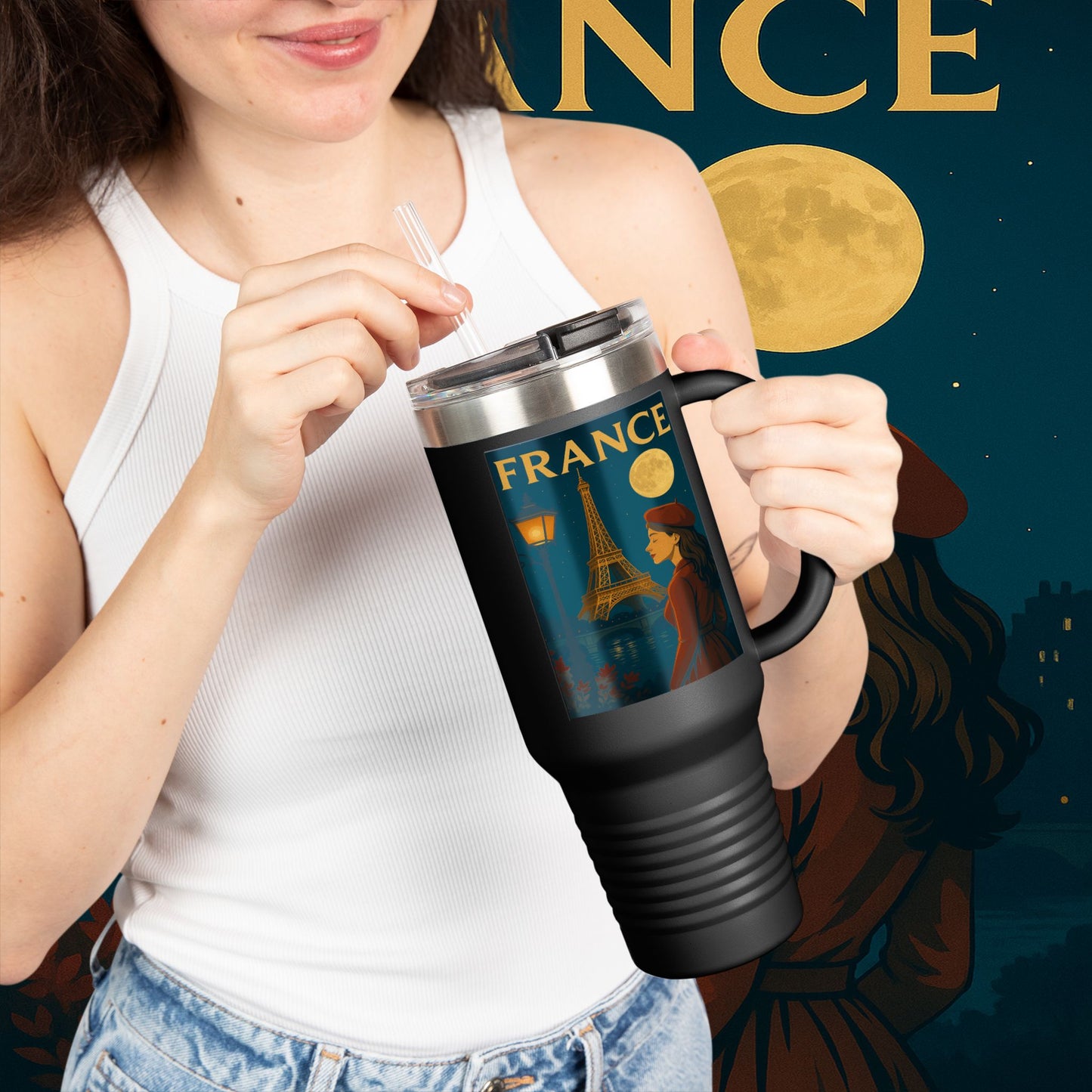 "France Insulated Travel Mug: Moonlit Romance 🌙🗼✨"