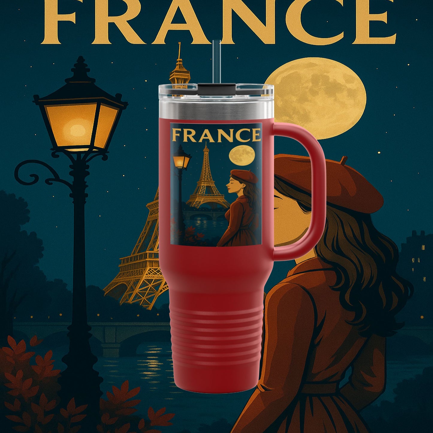 "France Insulated Travel Mug: Moonlit Romance 🌙🗼✨"