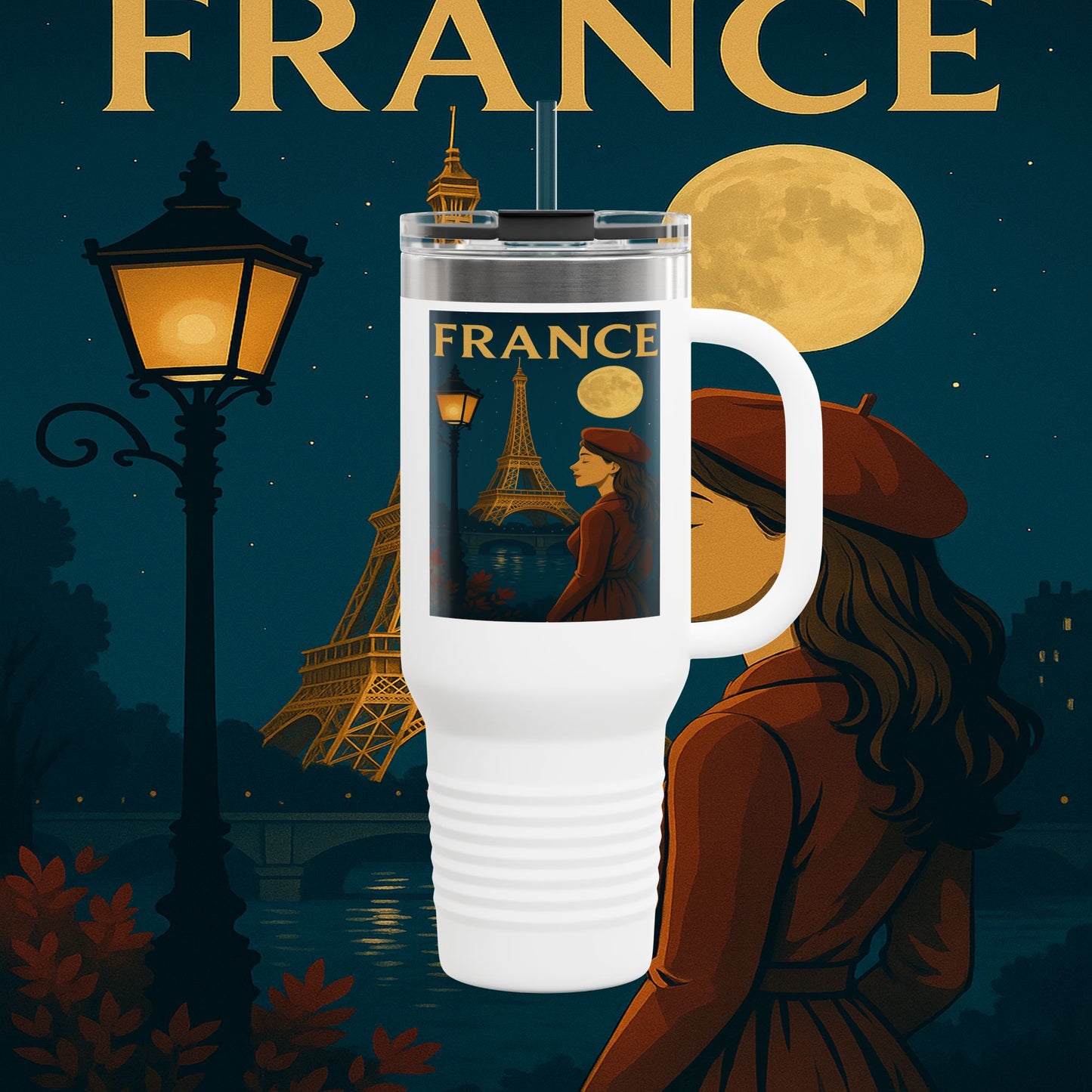"France Insulated Travel Mug: Moonlit Romance 🌙🗼✨"