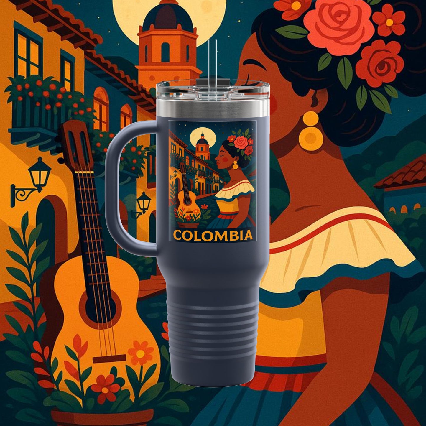 "taza de Viaje Aislada Colombia: Magia de Colores, Café y Tradición ☕🎨🌄"
