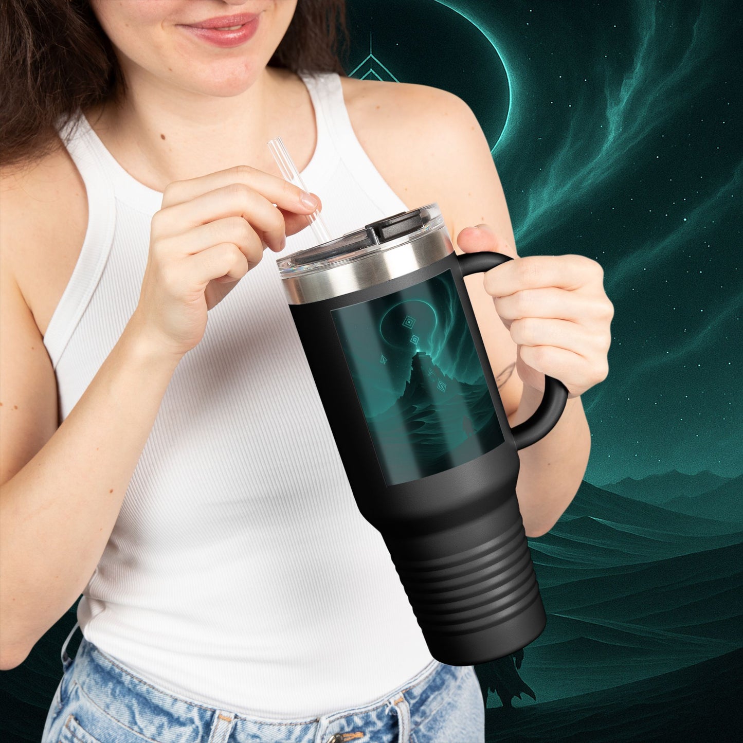"Taza de viaje aislada🪐Templo del Cosmos"