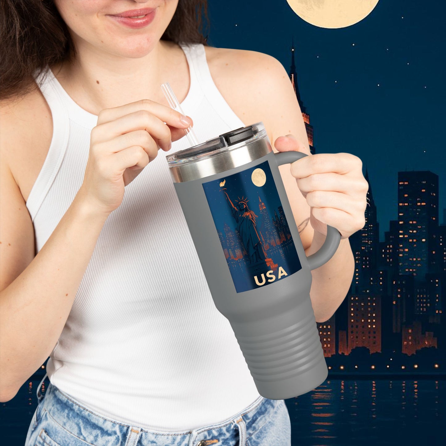 "taza de Viaje Aislada Estados Unidos: Sueños, Libertad y Grandes Horizontes 🗽🏜️🌆"