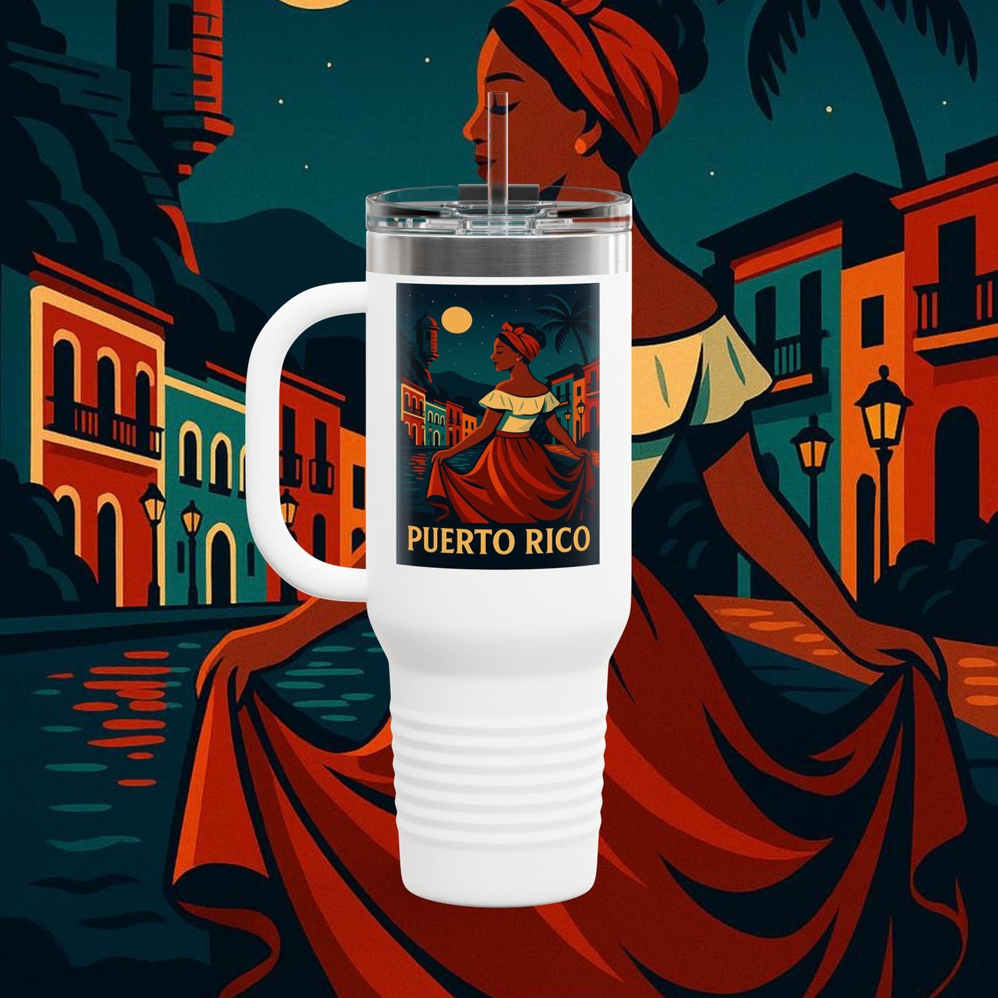 "Puerto Rico Insulated Travel Mug – Caribbean Rhythm, Soul, and Color"