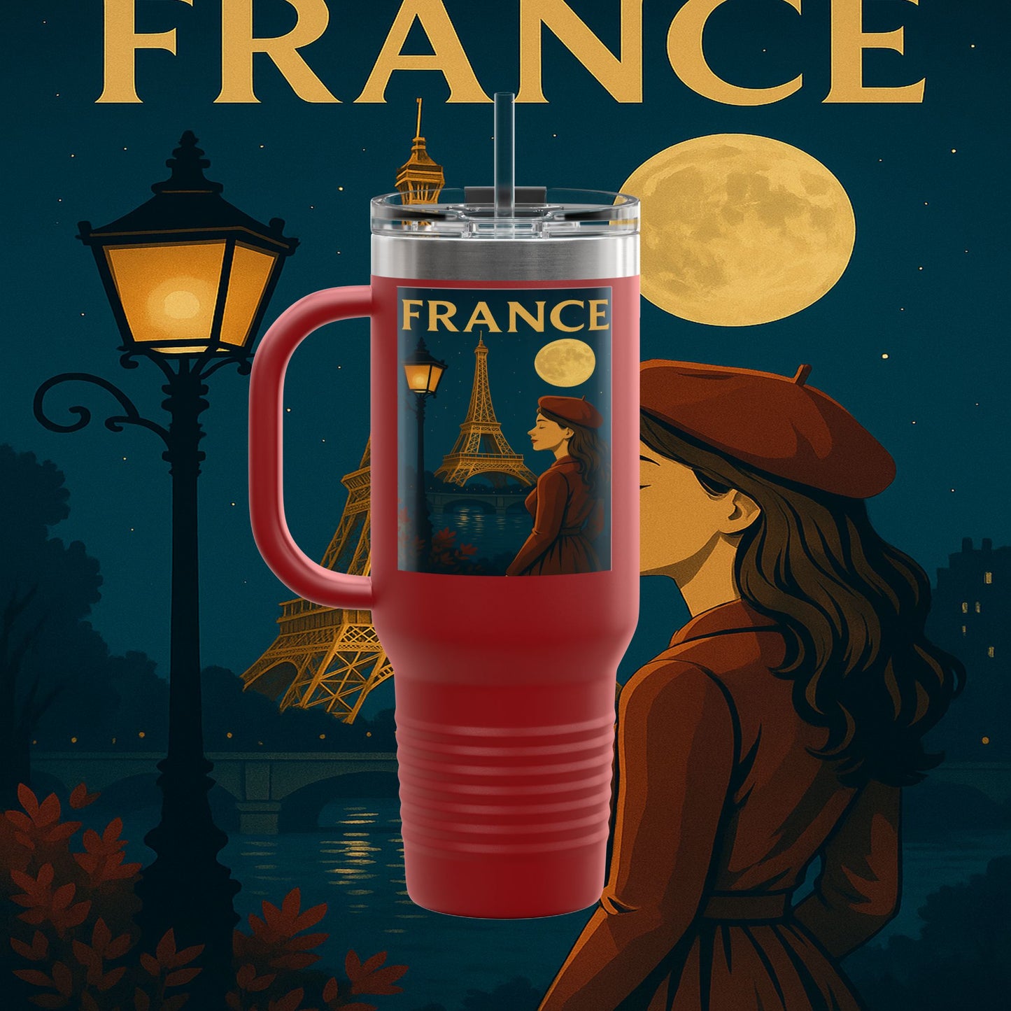 "France Insulated Travel Mug: Moonlit Romance 🌙🗼✨"