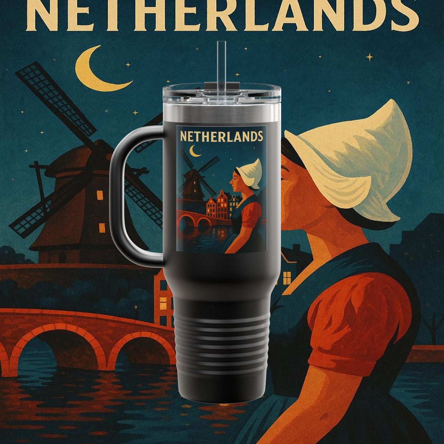 "Netherlands Insulated Travel Mug✨ – Land of tulips, windmills, and magical canals"