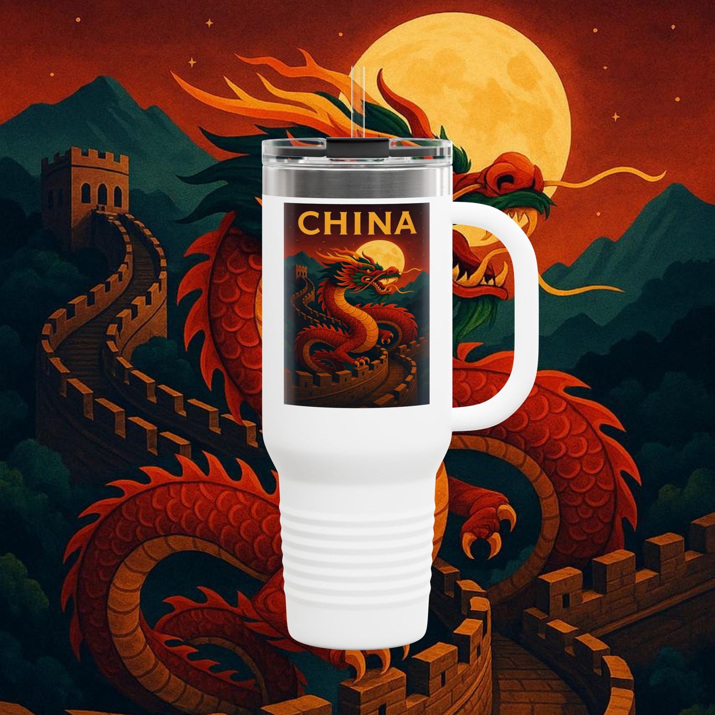 "China Insulated Travel Mug – Dragons, Walls, and Eternal Legends"