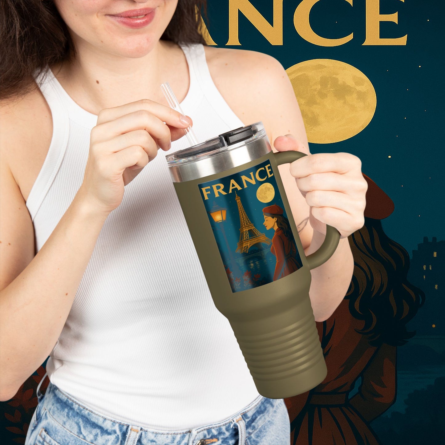 "France Insulated Travel Mug: Moonlit Romance 🌙🗼✨"