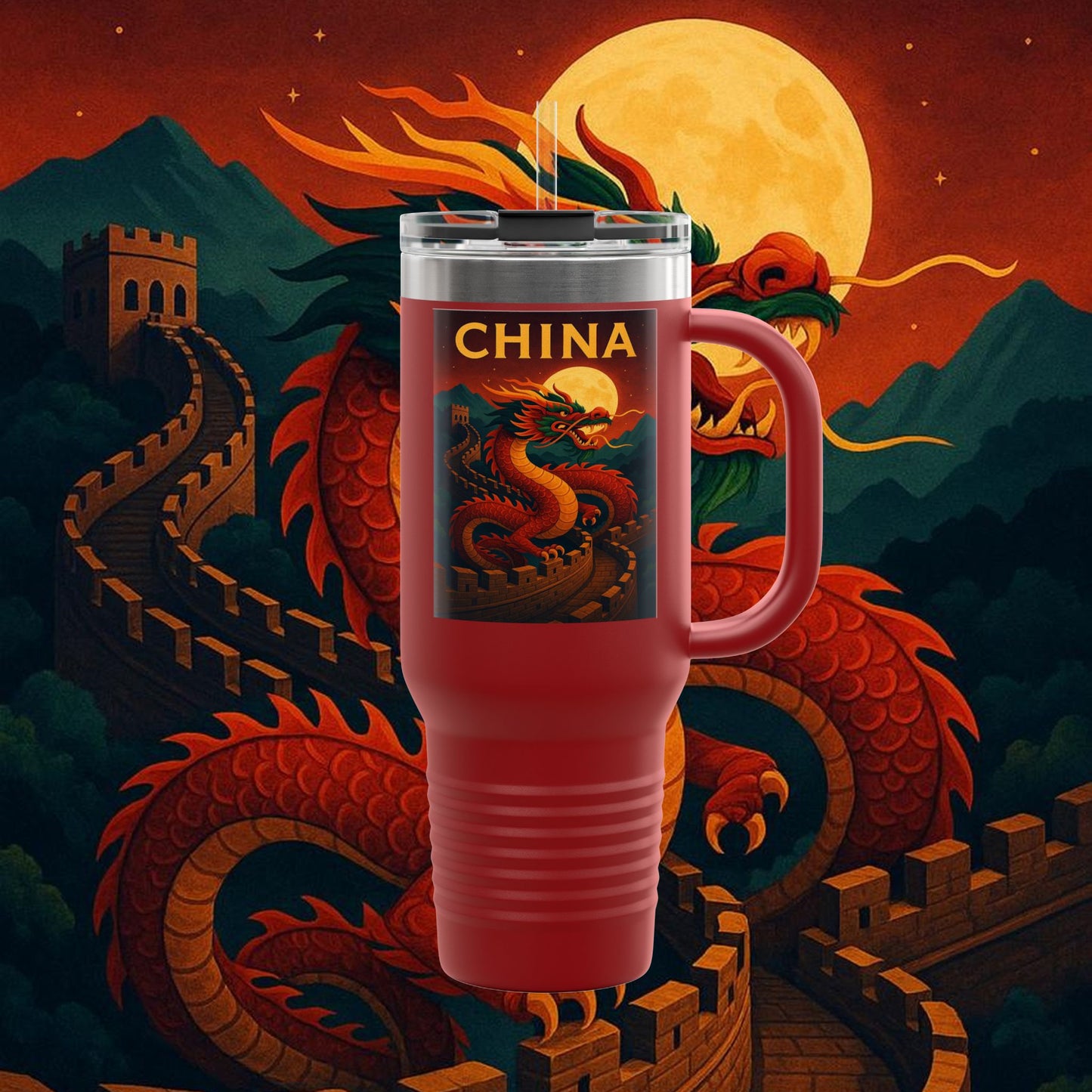 "China Insulated Travel Mug – Dragons, Walls, and Eternal Legends"