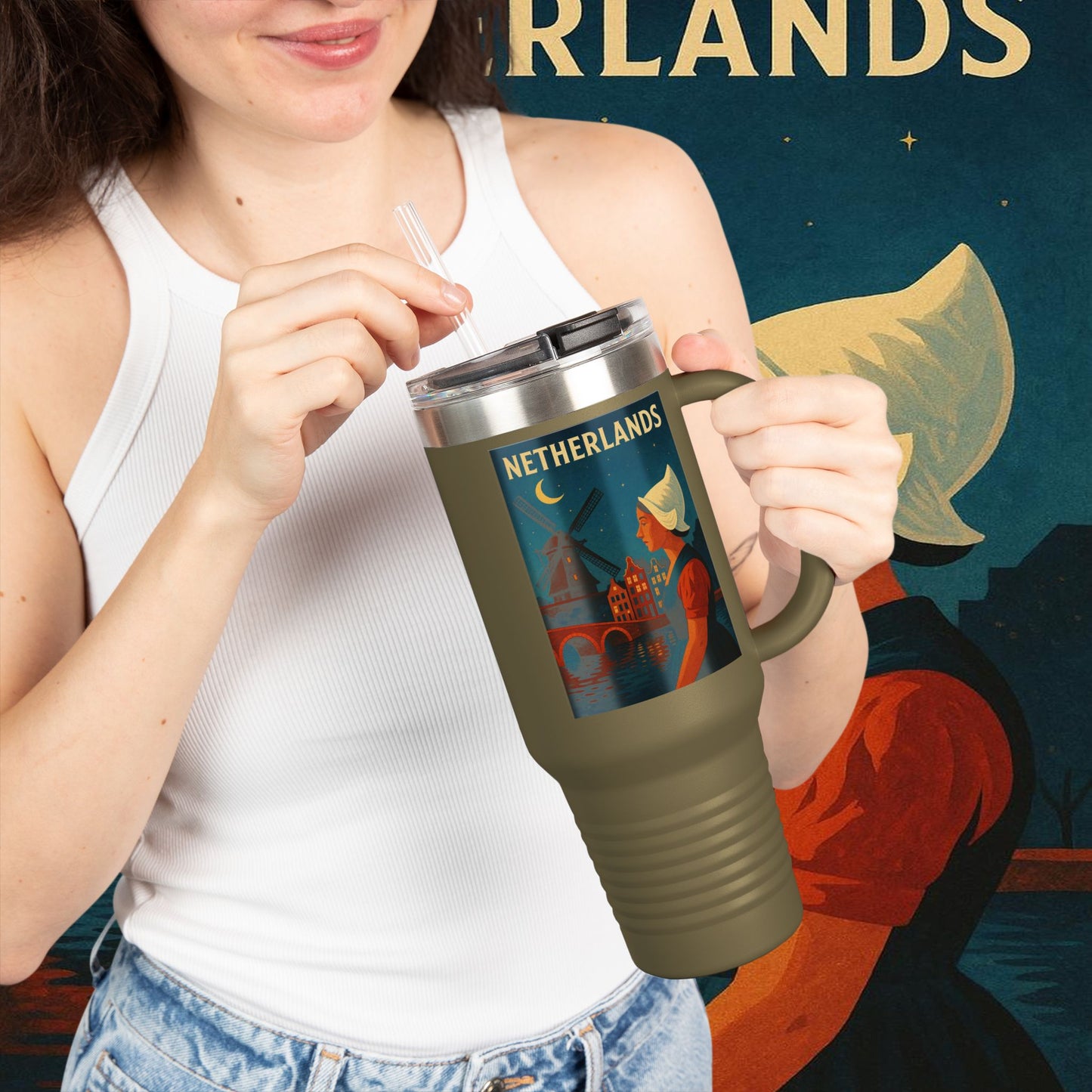 "Netherlands Insulated Travel Mug✨ – Land of tulips, windmills, and magical canals"