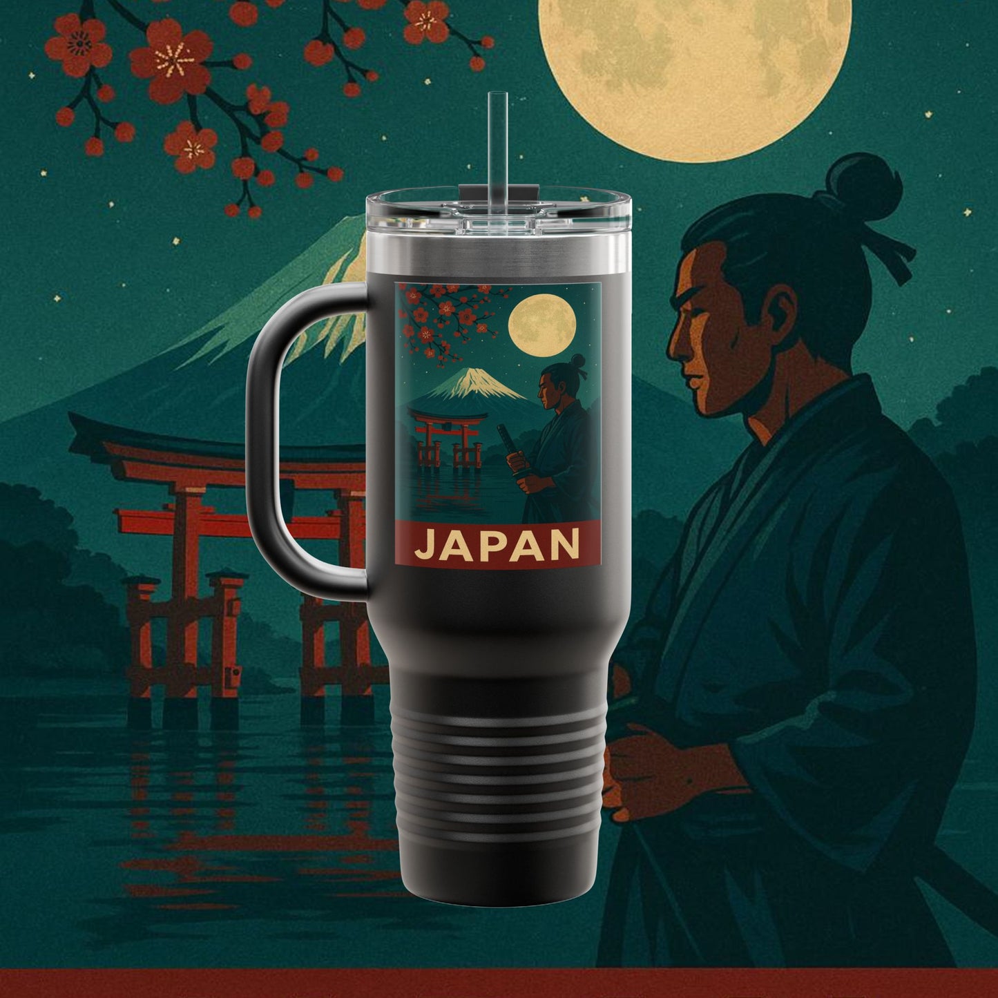 "Japan Insulated Travel Mug: Tradition among Cherry Blossoms and Mountains 🌸⛩️🗻"