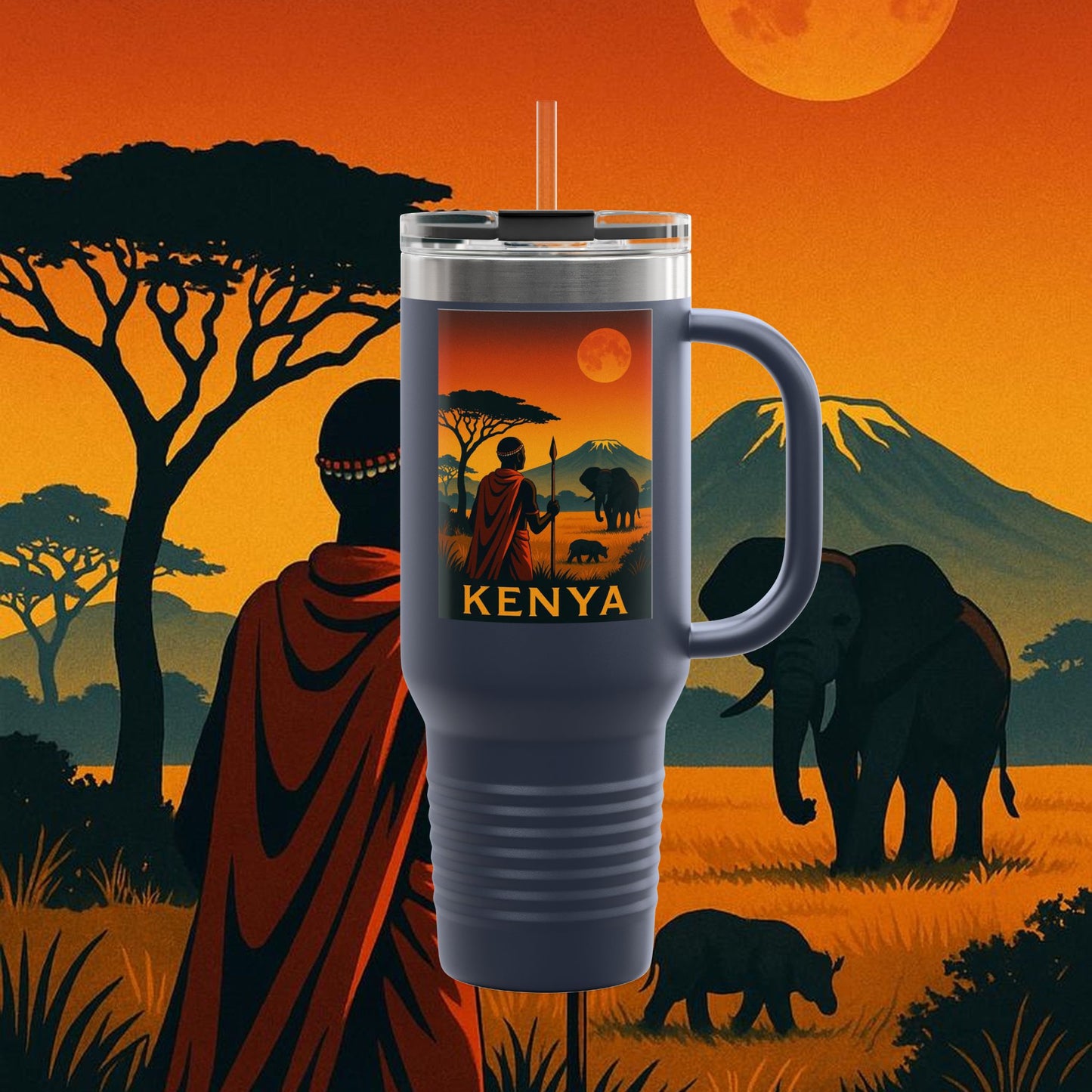 "Kenya Insulated Travel Mug: Wild Adventure and Land of Endless Horizons 🦁🌄🏕️"