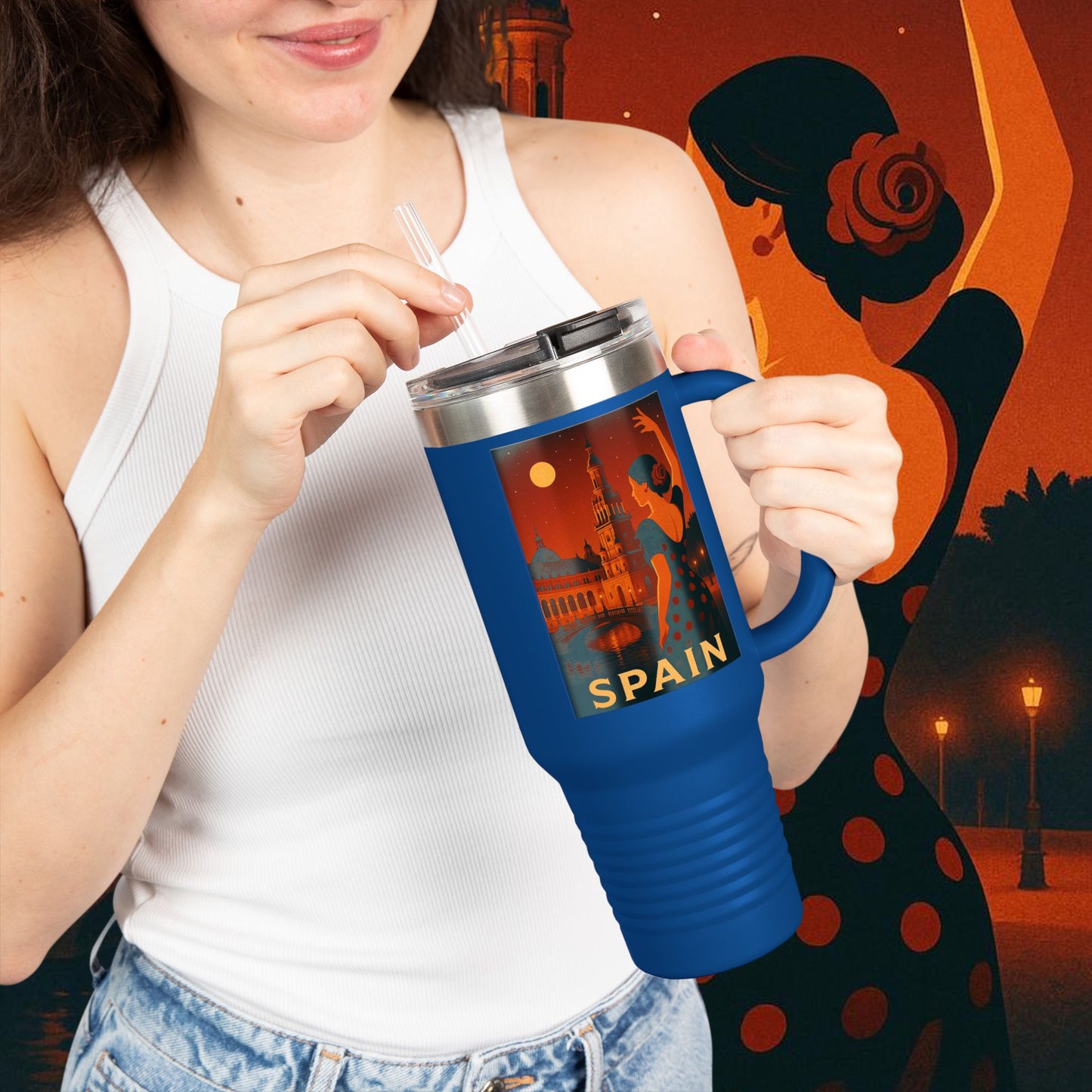 "Spain Insulated Travel Mug: Passion, Art, and Flavors that Make You Fall in Love 🎨💃🍷"