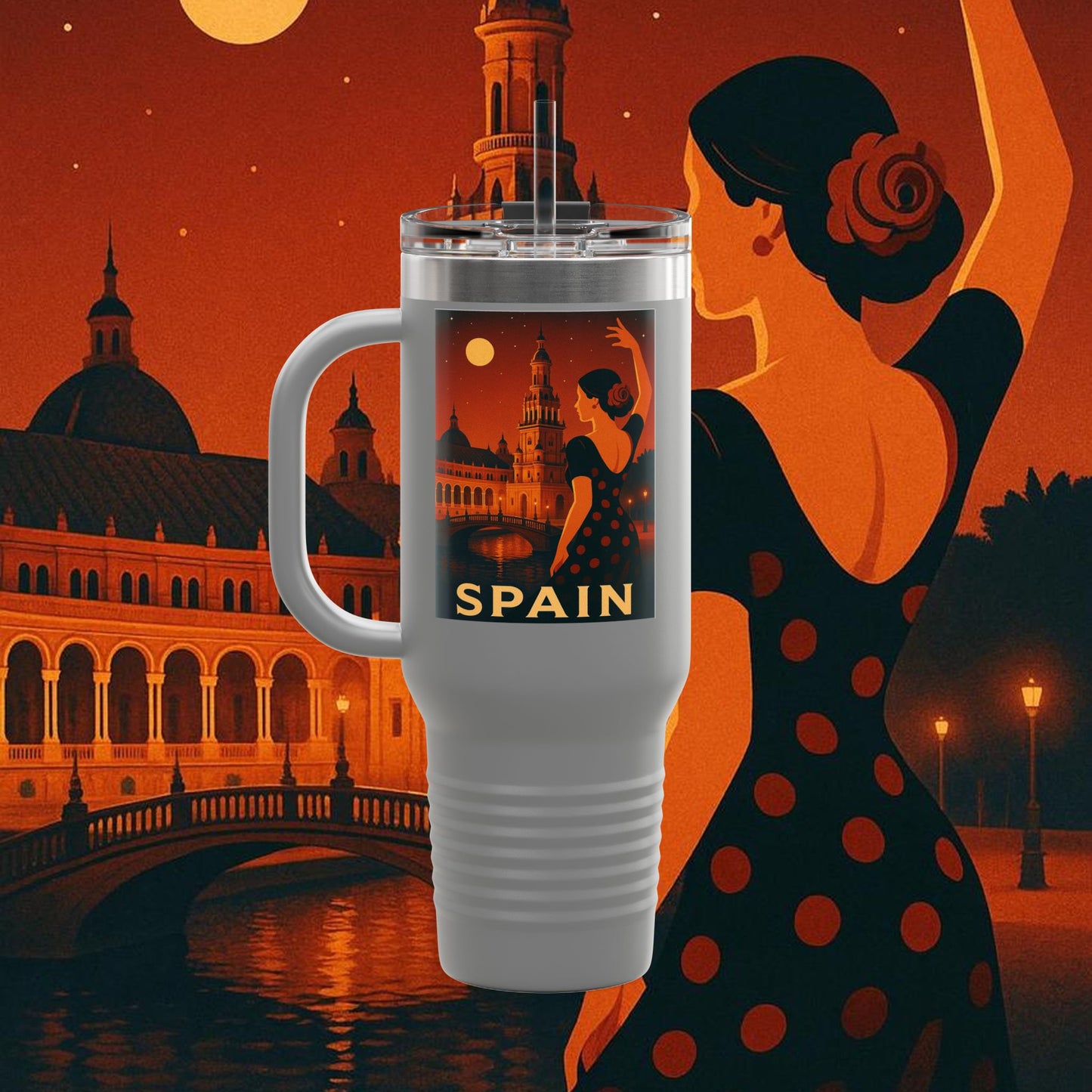 "Spain Insulated Travel Mug: Passion, Art, and Flavors that Make You Fall in Love 🎨💃🍷"
