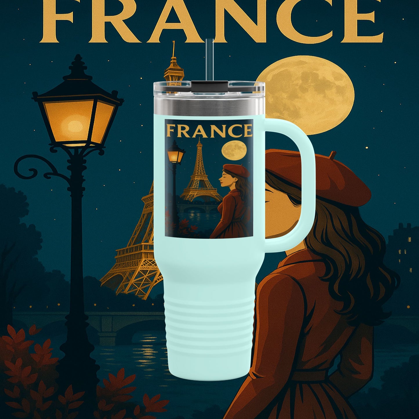 "France Insulated Travel Mug: Moonlit Romance 🌙🗼✨"