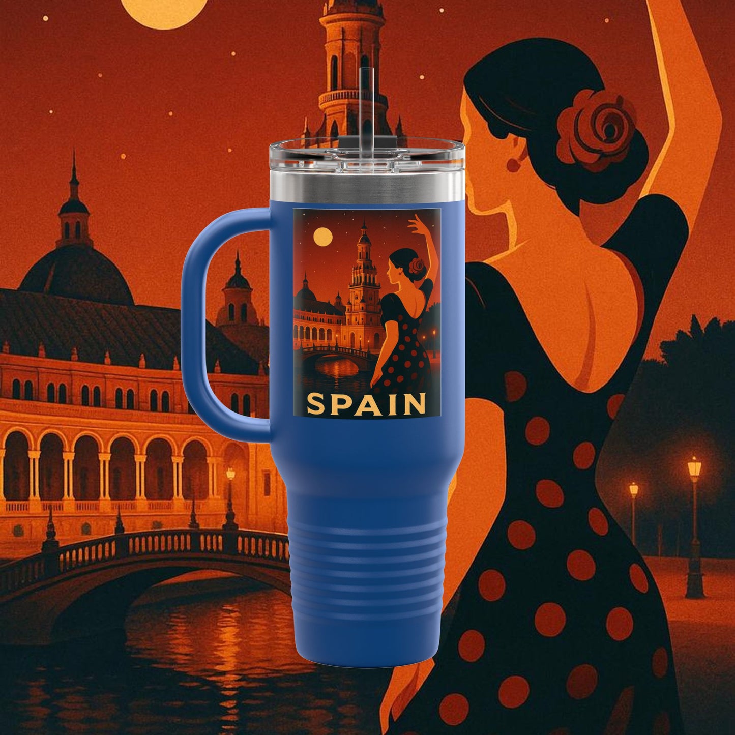 "Spain Insulated Travel Mug: Passion, Art, and Flavors that Make You Fall in Love 🎨💃🍷"