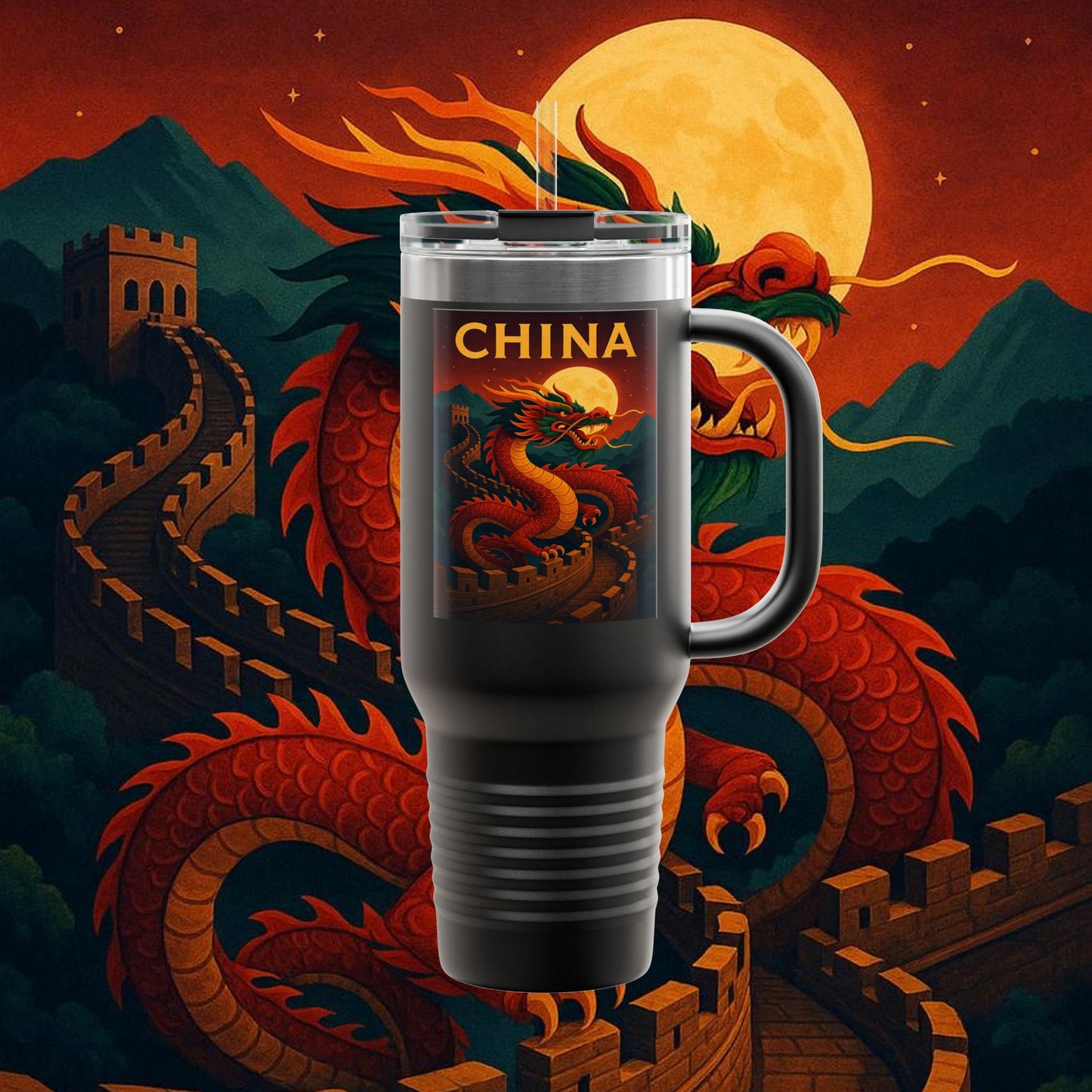 "China Insulated Travel Mug – Dragons, Walls, and Eternal Legends"