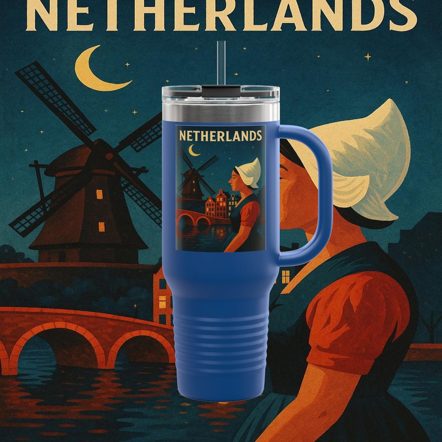"Netherlands Insulated Travel Mug✨ – Land of tulips, windmills, and magical canals"