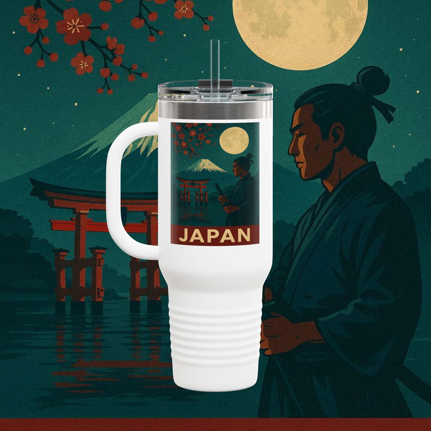 "Japan Insulated Travel Mug: Tradition among Cherry Blossoms and Mountains 🌸⛩️🗻"