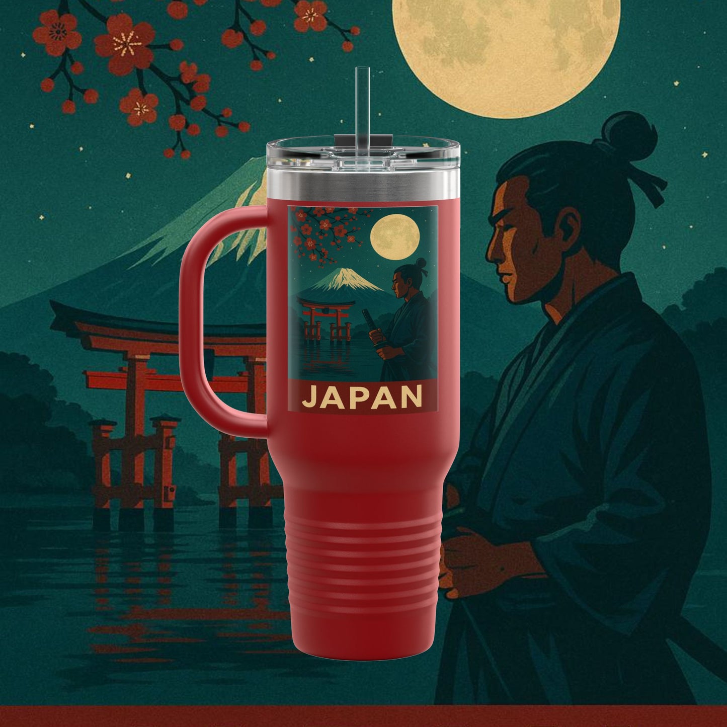 "Japan Insulated Travel Mug: Tradition among Cherry Blossoms and Mountains 🌸⛩️🗻"