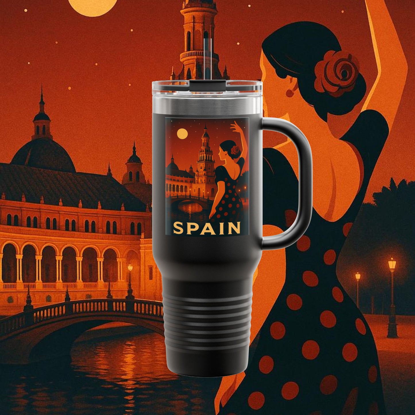 "Spain Insulated Travel Mug: Passion, Art, and Flavors that Make You Fall in Love 🎨💃🍷"