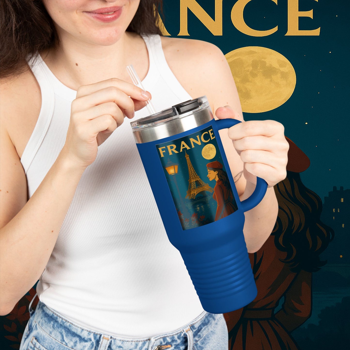 "France Insulated Travel Mug: Moonlit Romance 🌙🗼✨"