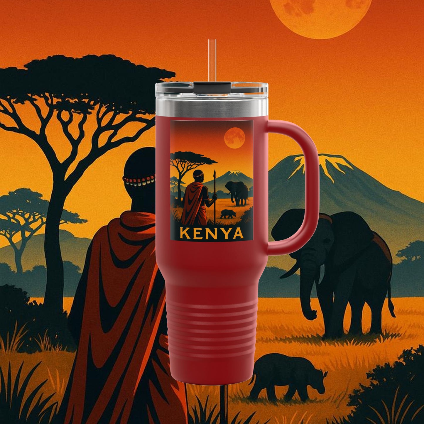 "Kenya Insulated Travel Mug: Wild Adventure and Land of Endless Horizons 🦁🌄🏕️"