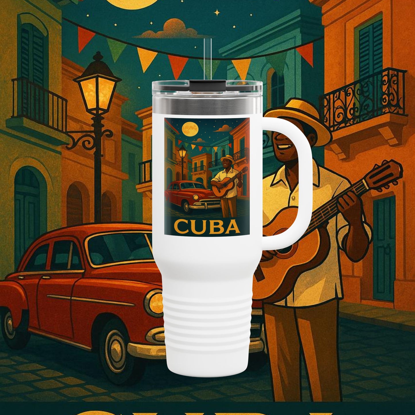 "taza de Viaje Aislada Cuba: Ritmo, Historia y Encanto Caribeño 🎺🚗🌴 "
