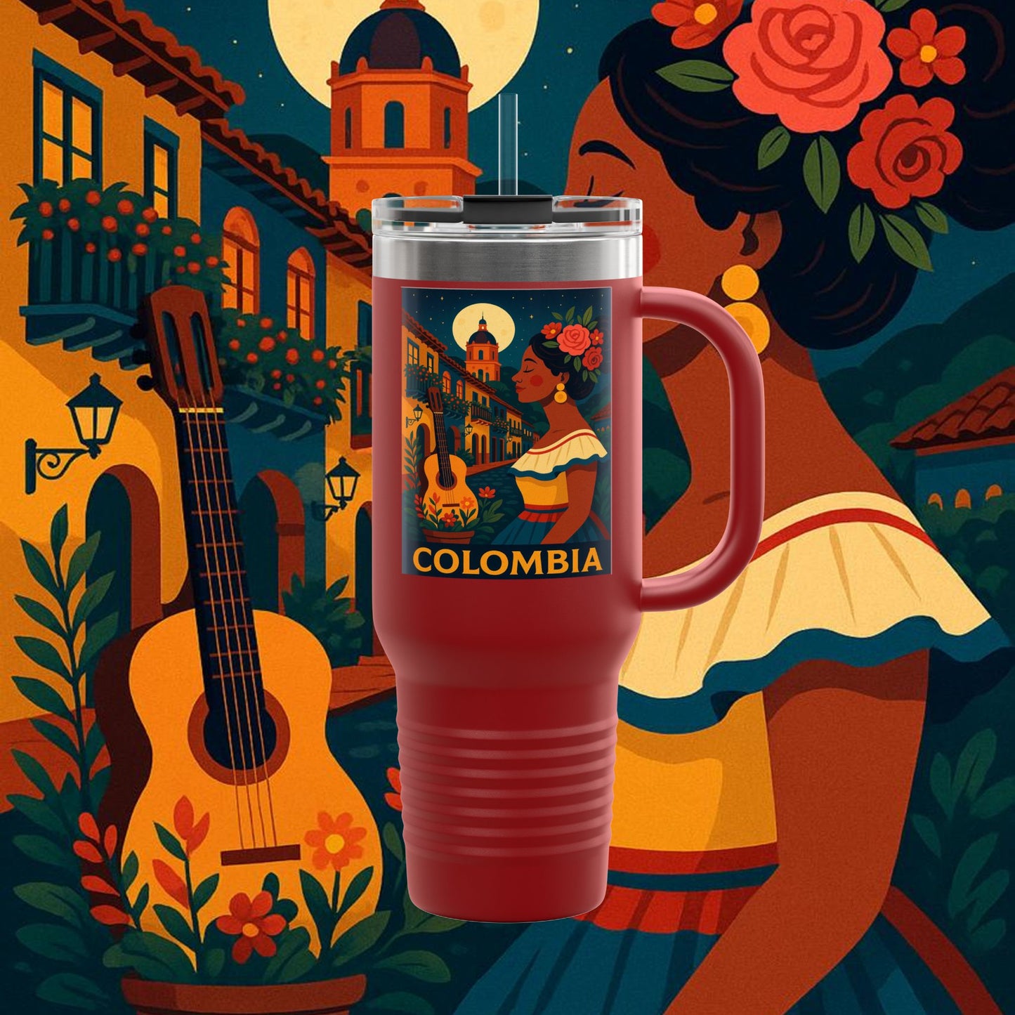 "taza de Viaje Aislada Colombia: Magia de Colores, Café y Tradición ☕🎨🌄"