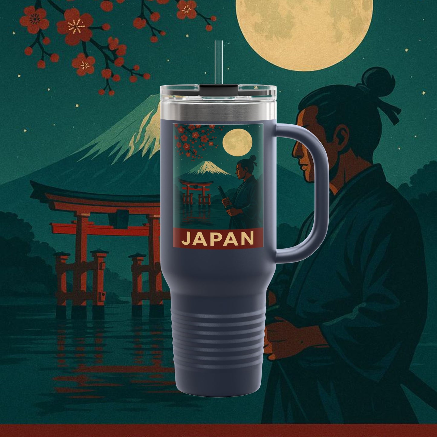 "Japan Insulated Travel Mug: Tradition among Cherry Blossoms and Mountains 🌸⛩️🗻"