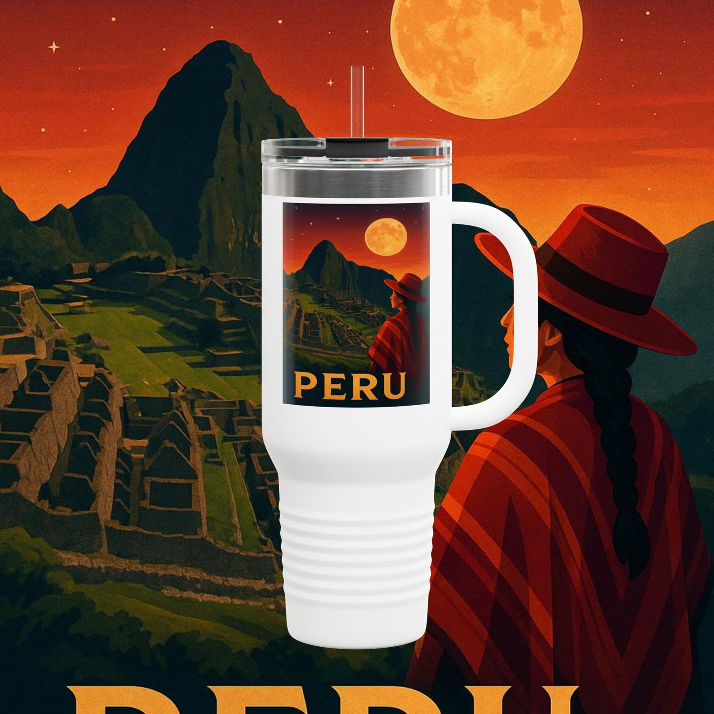 "Peru Insulated Travel Mug: Mysticism, History, and Eternal Wonders 🏔️🦙🛕"