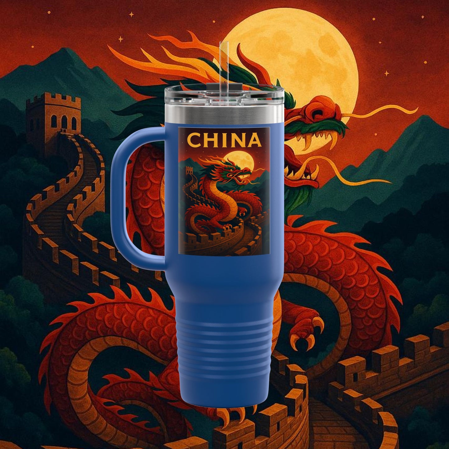 "China Insulated Travel Mug – Dragons, Walls, and Eternal Legends"