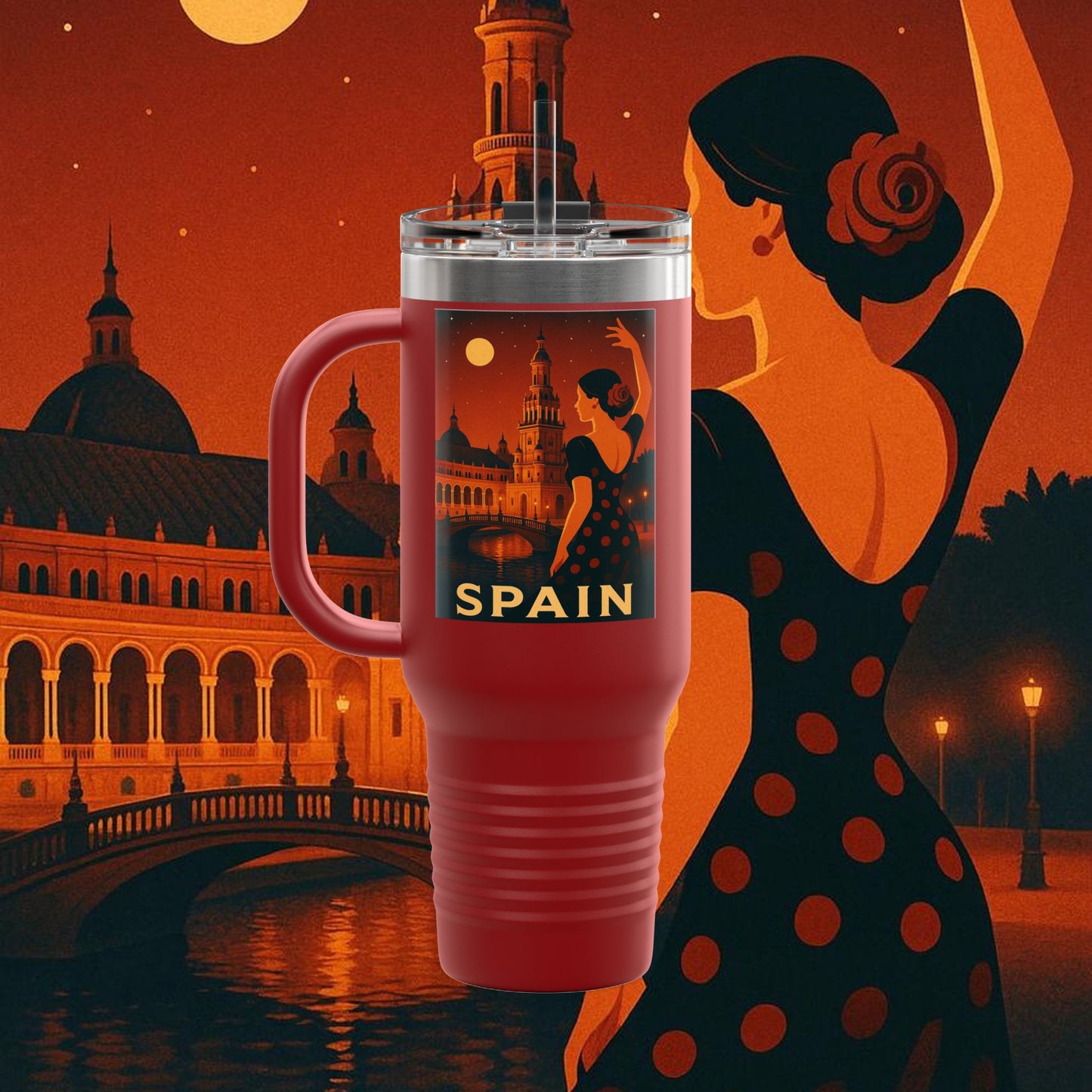 "Spain Insulated Travel Mug: Passion, Art, and Flavors that Make You Fall in Love 🎨💃🍷"