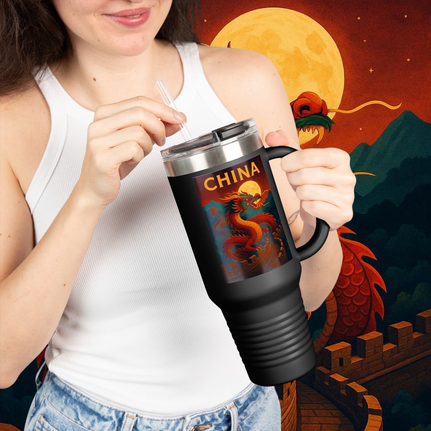 "China Insulated Travel Mug – Dragons, Walls, and Eternal Legends"
