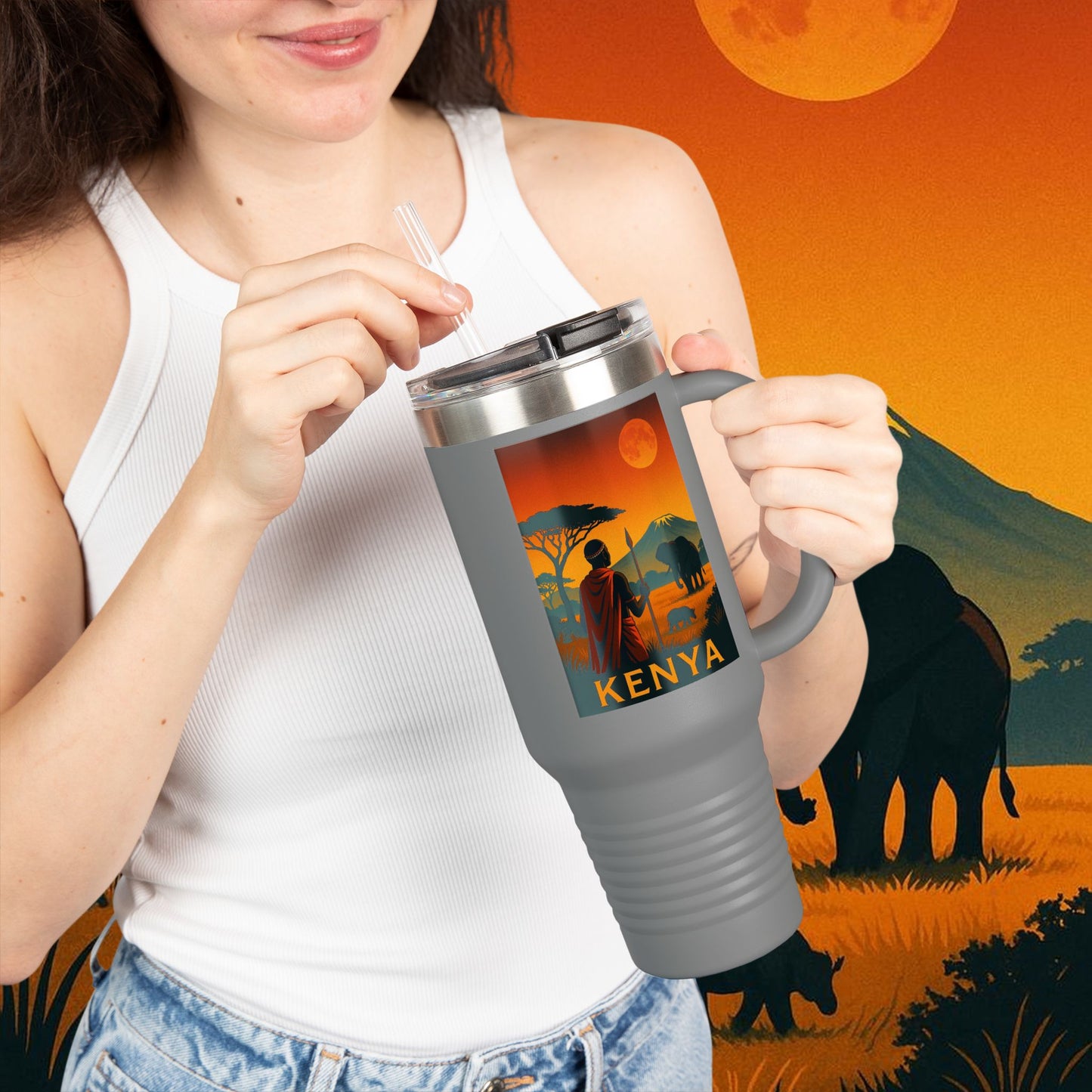 "Kenya Insulated Travel Mug: Wild Adventure and Land of Endless Horizons 🦁🌄🏕️"
