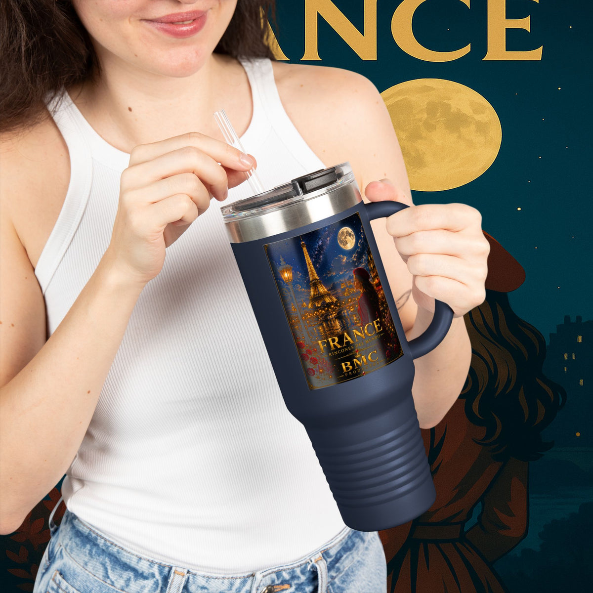 "taza de Viaje Aislada Francia: Romance bajo la Luna 🌙🗼✨"