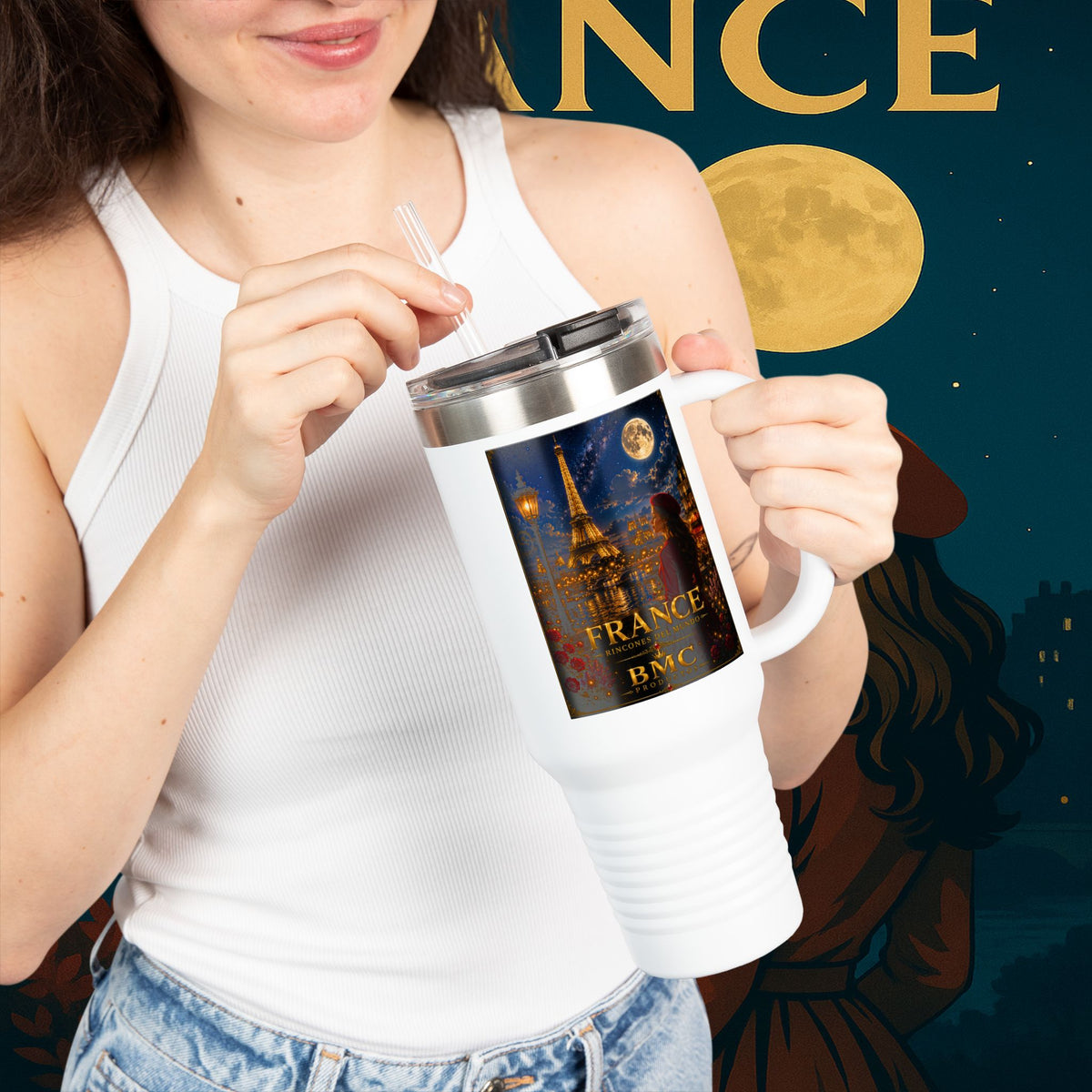 "taza de Viaje Aislada Francia: Romance bajo la Luna 🌙🗼✨"