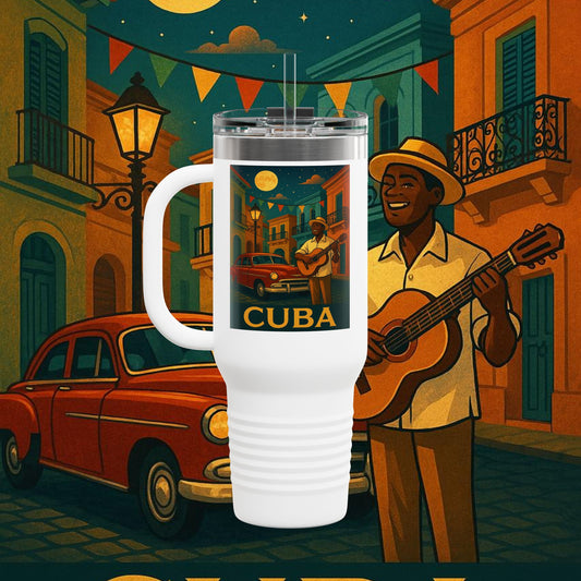 "taza de Viaje Aislada Cuba: Ritmo, Historia y Encanto Caribeño 🎺🚗🌴 "