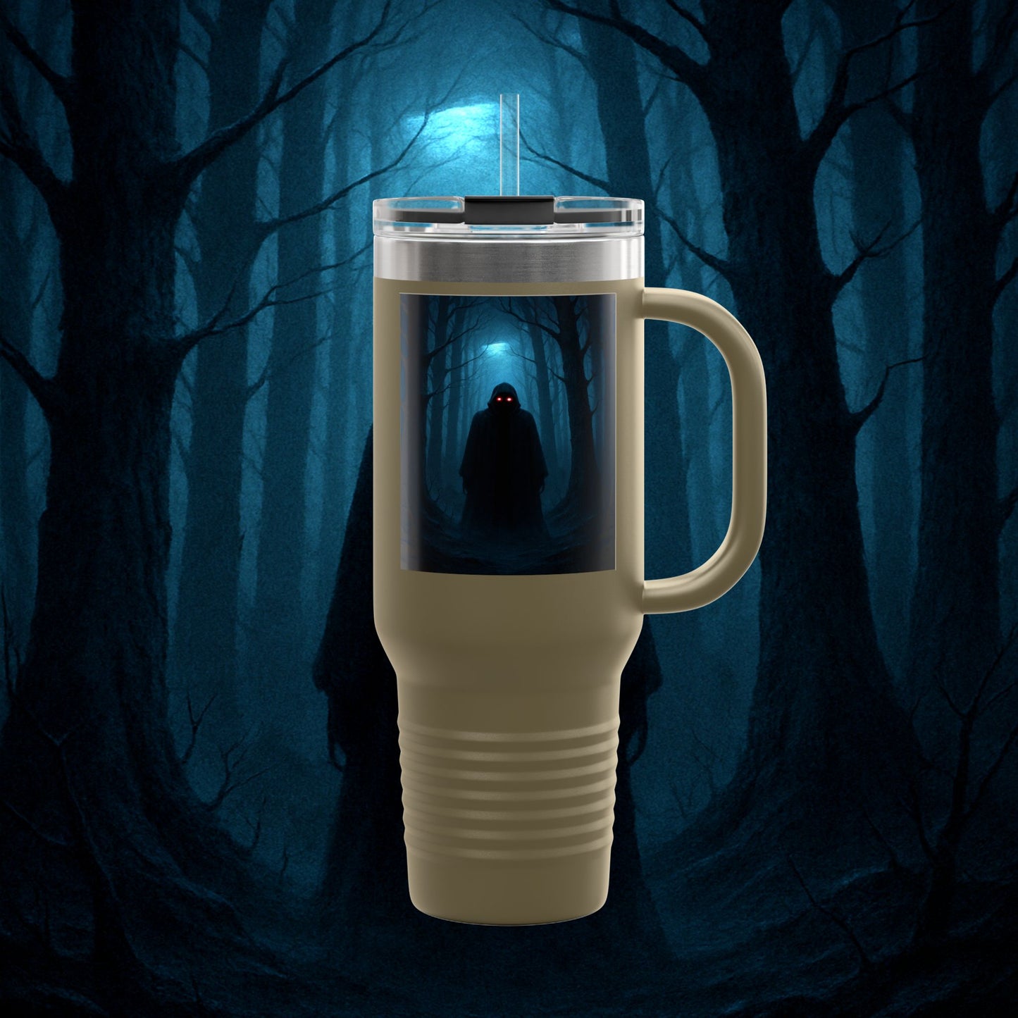 "Taza de viaje aislada 🖤 El Vigía del Bosque Oscuro"
