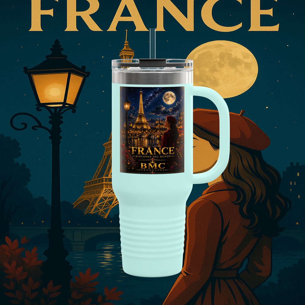 "taza de Viaje Aislada Francia: Romance bajo la Luna 🌙🗼✨"