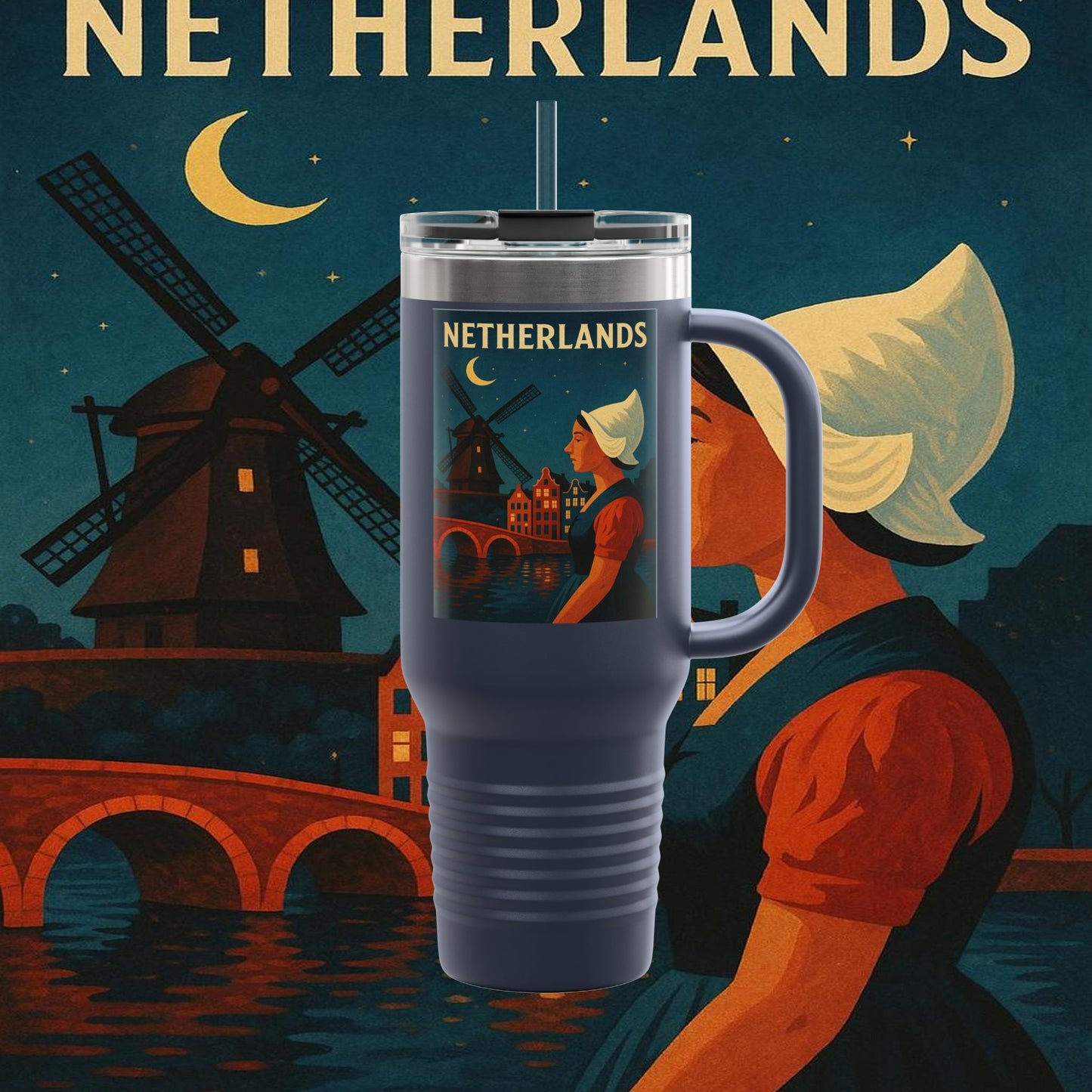 "Netherlands Insulated Travel Mug✨ – Land of tulips, windmills, and magical canals"