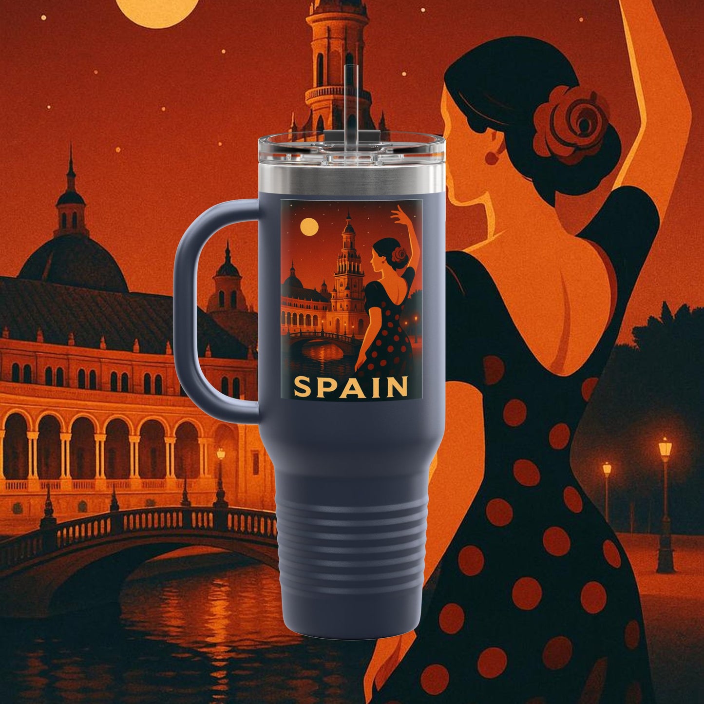 "Spain Insulated Travel Mug: Passion, Art, and Flavors that Make You Fall in Love 🎨💃🍷" 