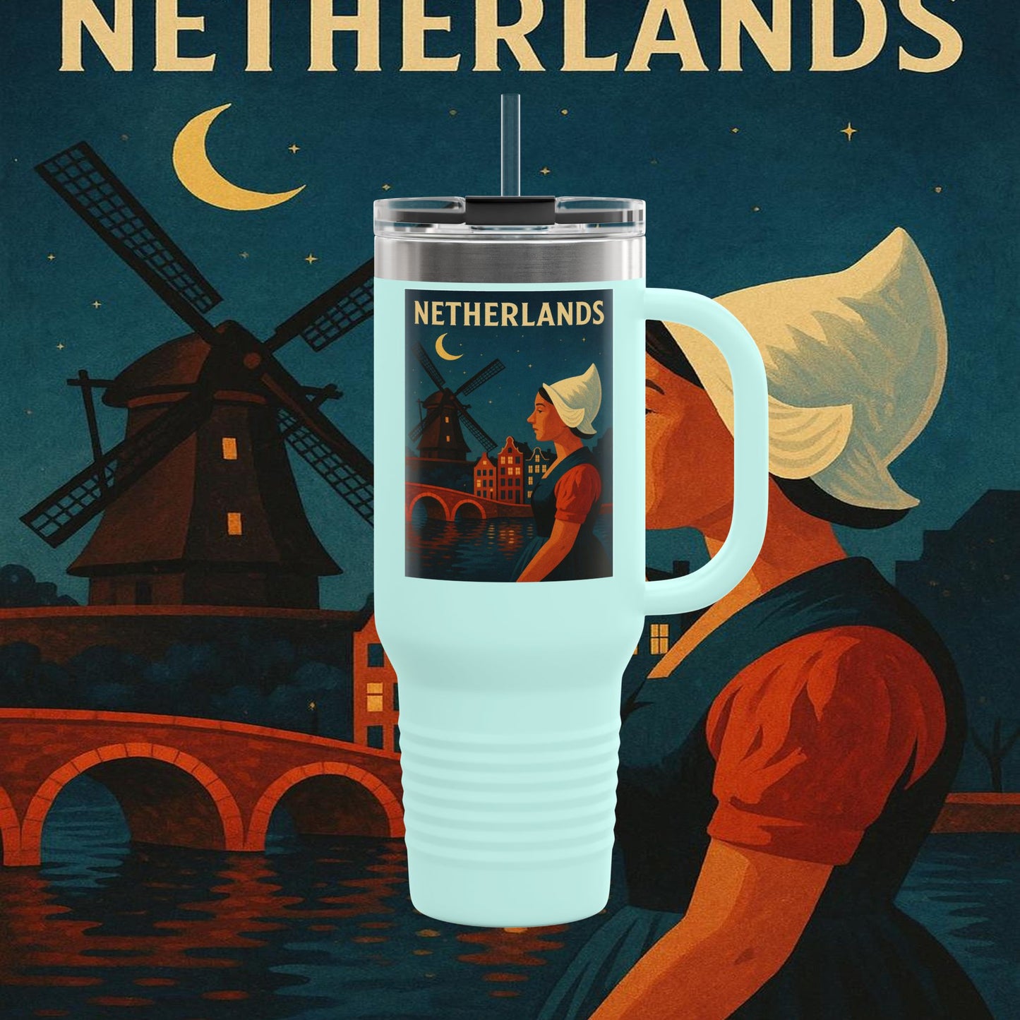"Netherlands Insulated Travel Mug✨ – Land of tulips, windmills, and magical canals"