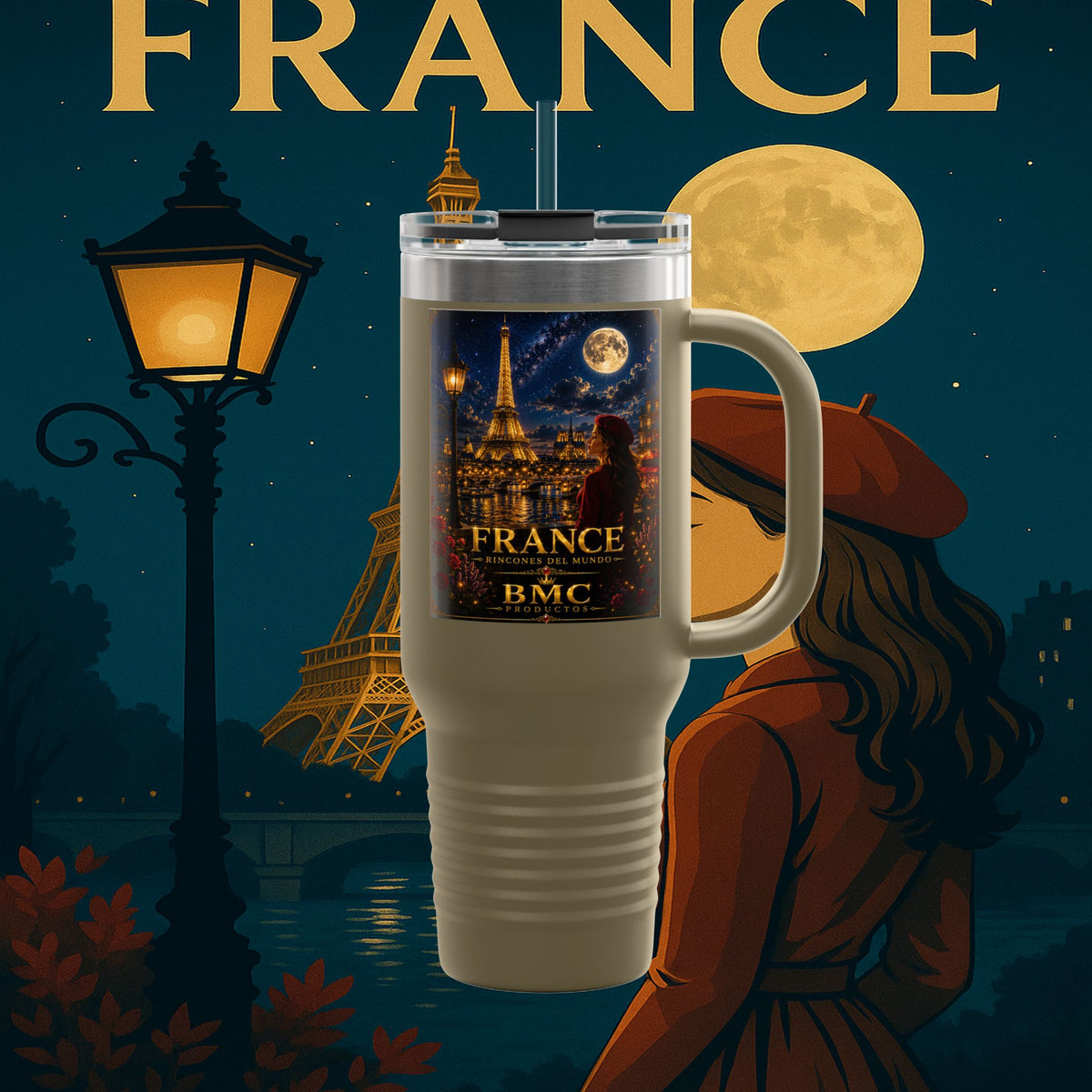 "taza de Viaje Aislada Francia: Romance bajo la Luna 🌙🗼✨"