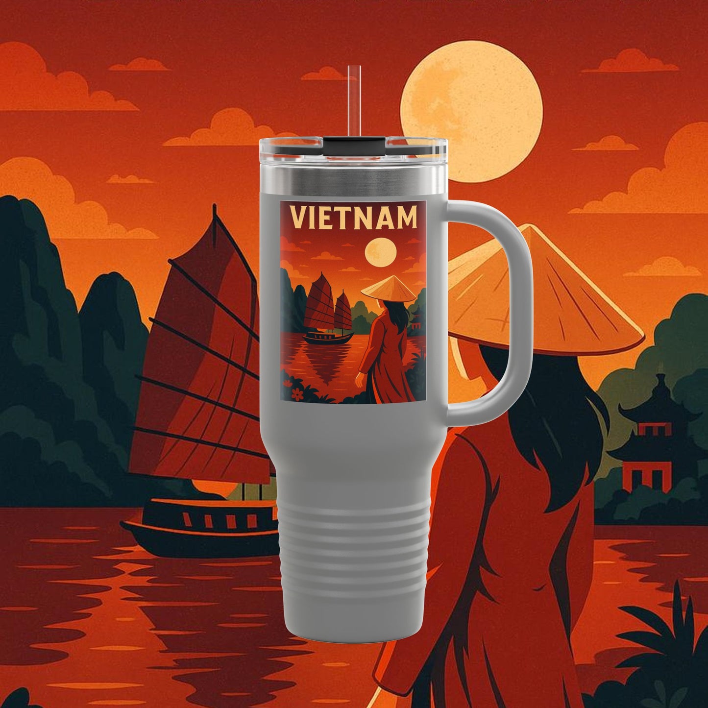 "Vietnam Insulated Travel Mug: Tradition, Nature, and Ancestral Legends 🎋🏯🐉"