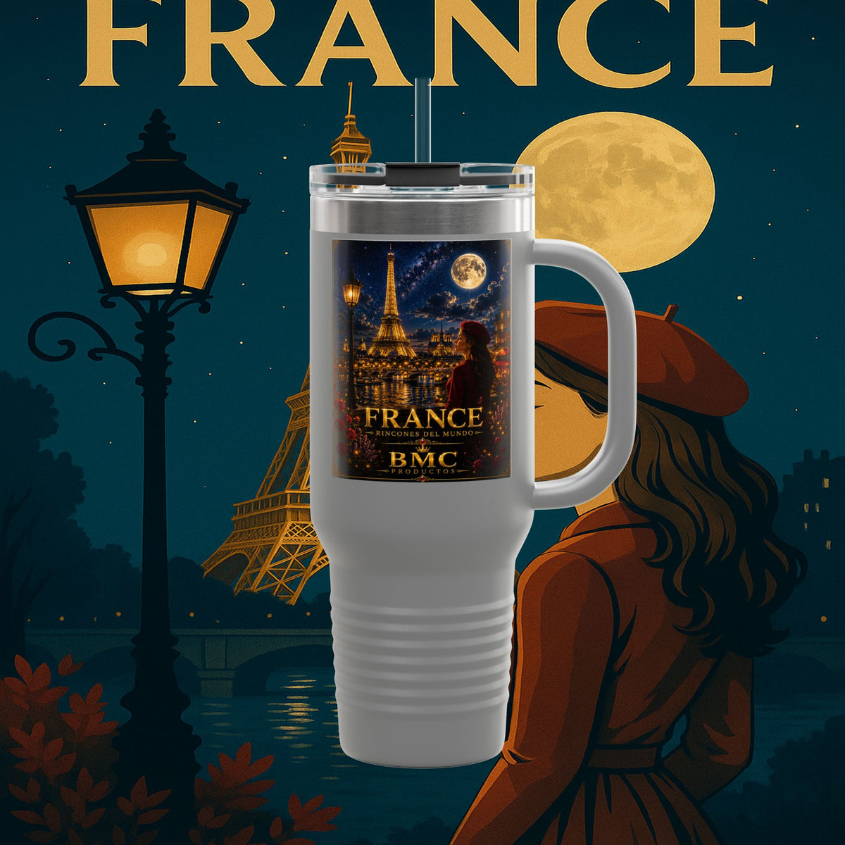 "taza de Viaje Aislada Francia: Romance bajo la Luna 🌙🗼✨"