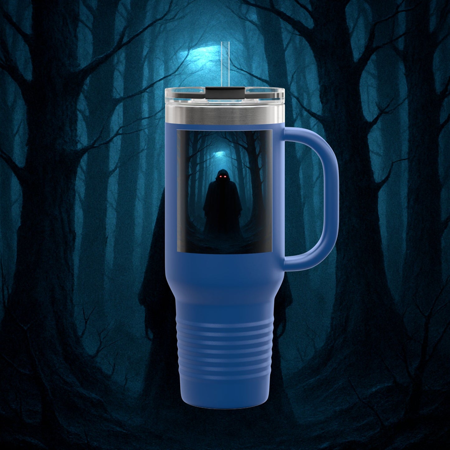 "Taza de viaje aislada 🖤 El Vigía del Bosque Oscuro"