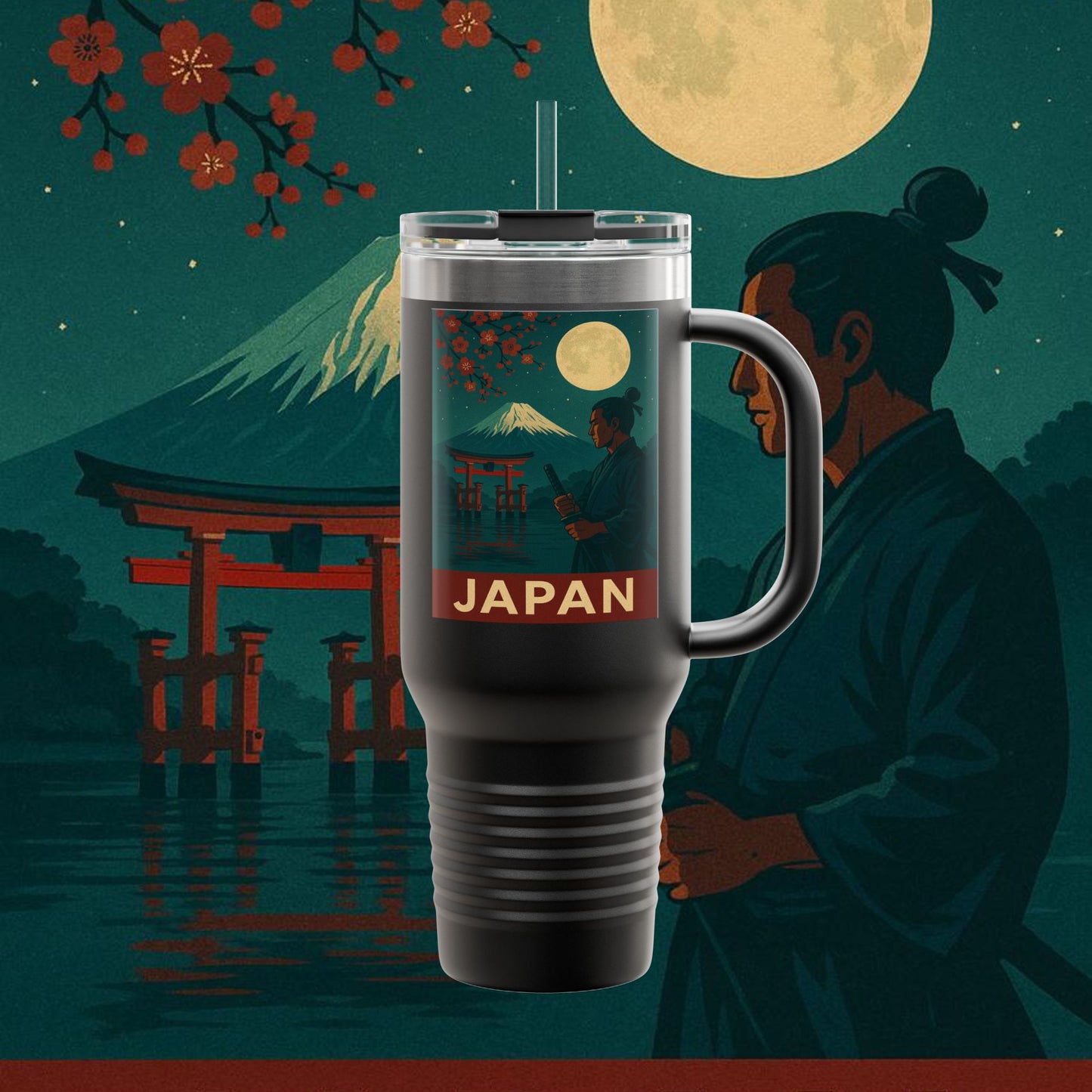 "Japan Insulated Travel Mug: Tradition among Cherry Blossoms and Mountains 🌸⛩️🗻"