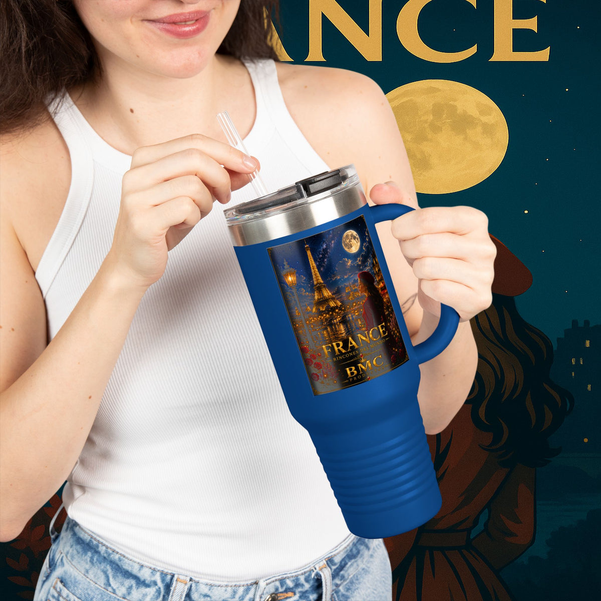 "taza de Viaje Aislada Francia: Romance bajo la Luna 🌙🗼✨"
